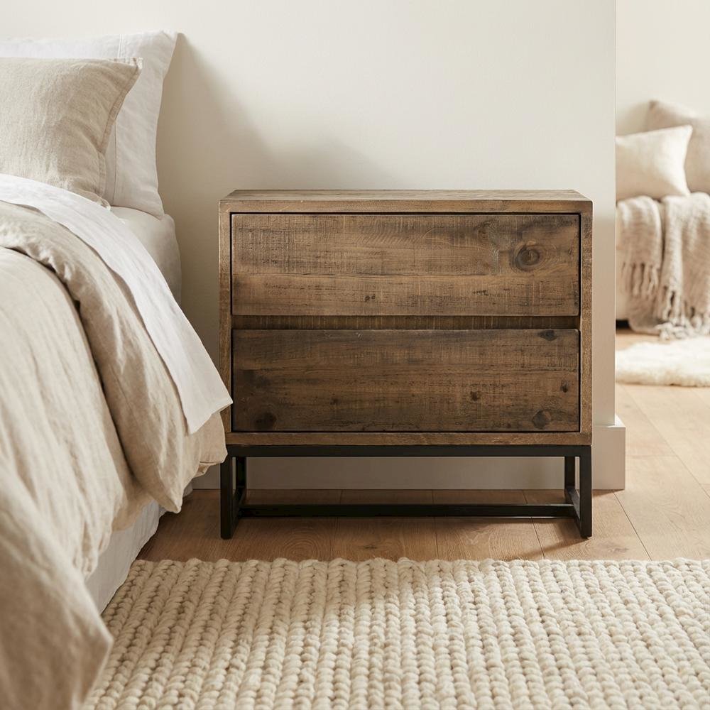 Light Brown Rustic Nightstand with 2 Drawers Solid Pine Wood Matt Finish
