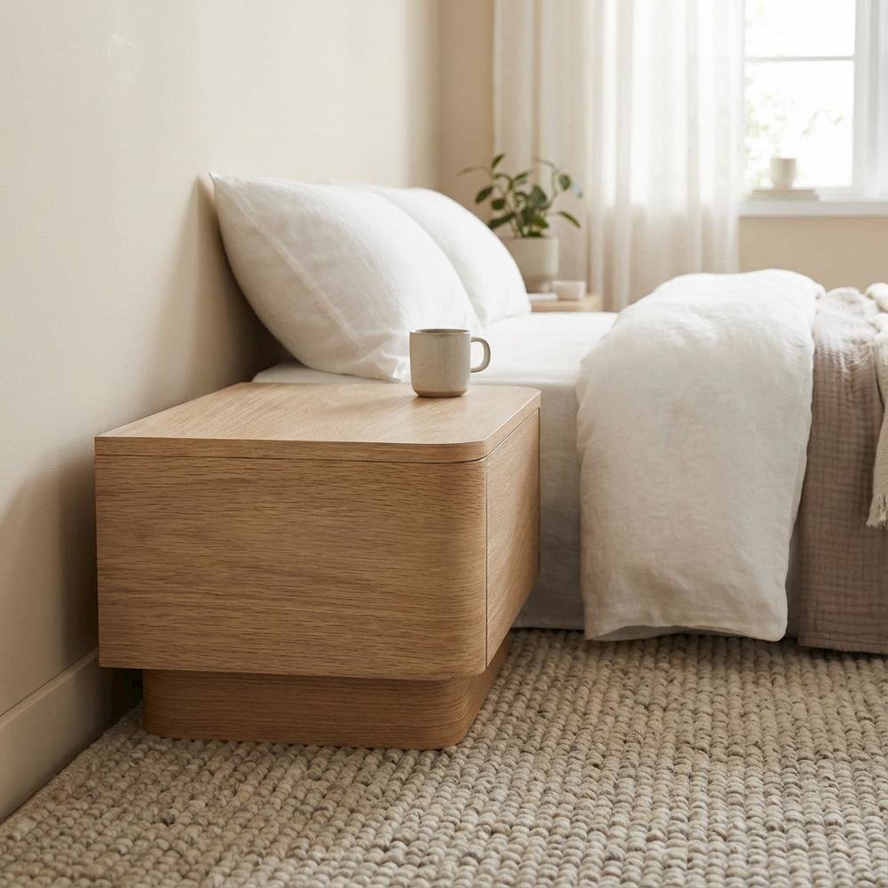 Small Nightstand in Light Oak with Scandinavian Style and Soft Close Drawer