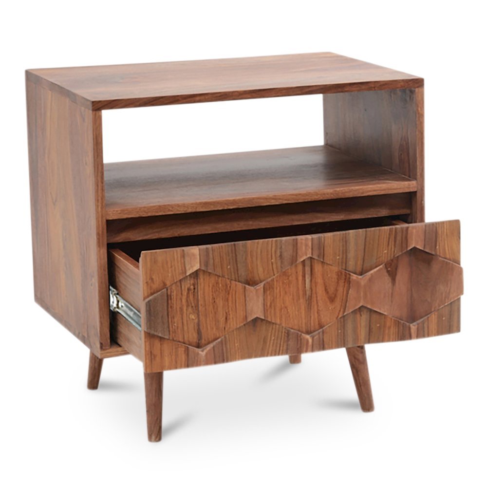 Brown Wooden Nightstand – Solid Sheesham Bedside Table with Drawer