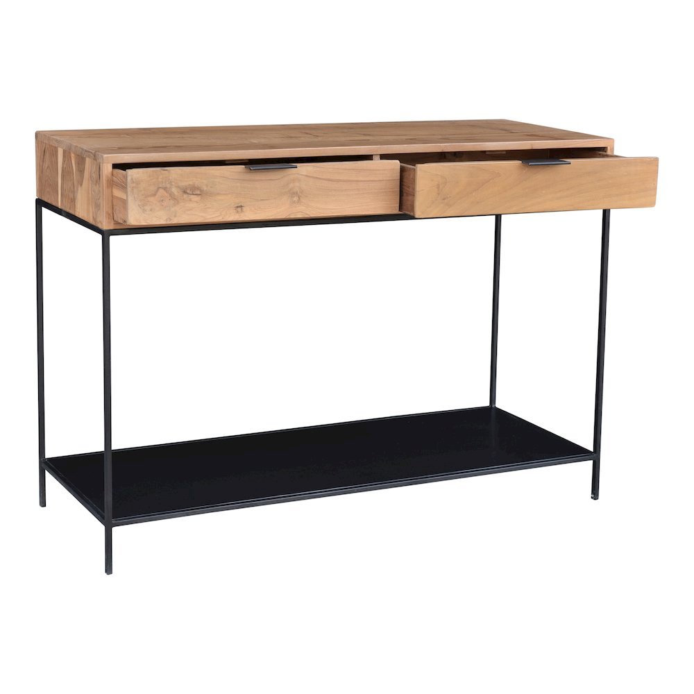 Solid Teak Wood Console Table, Iron Frame Entryway Furniture with 2 Drawers