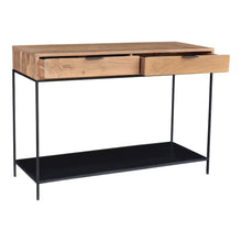 Solid Teak Wood Console Table, Iron Frame Entryway Furniture with 2 Drawers