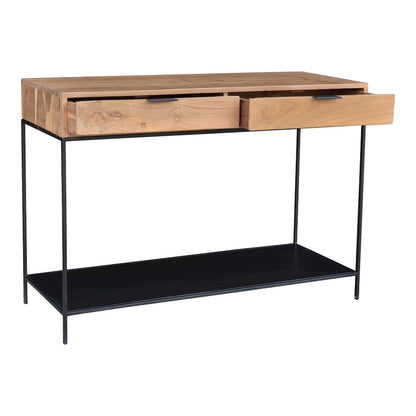 Solid Teak Wood Console Table, Iron Frame Entryway Furniture with 2 Drawers
