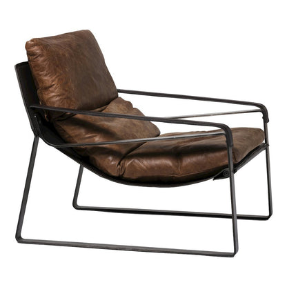 Mid Century Rustic Armchair Brown Leather with Black Iron Frame