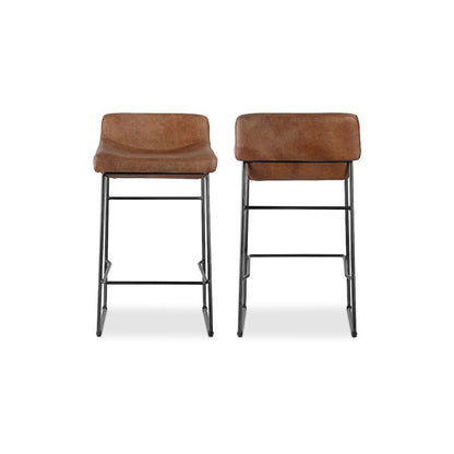 Brown Bar Stools Set of 2 Faux Leather Seating with Iron Frame Design
