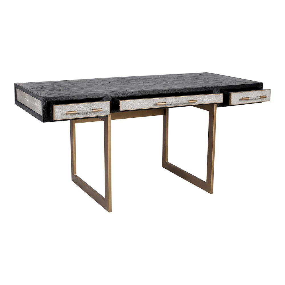 Modern Home Office Desk – Solid Black Oak Frame, 3 Drawers, Brass Gold Accents