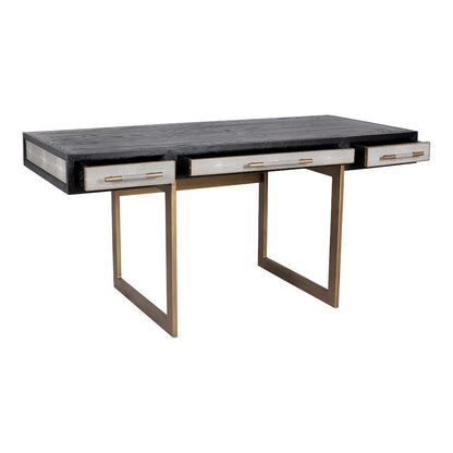 Modern Home Office Desk – Solid Black Oak Frame, 3 Drawers, Brass Gold Accents