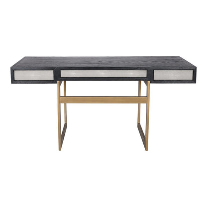 Modern Home Office Desk – Solid Black Oak Frame, 3 Drawers, Brass Gold Accents