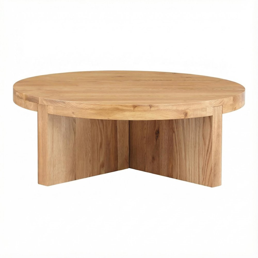 Brown Solid Oak Round Coffee Table Authentic Finish Contemporary Design