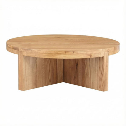 Brown Solid Oak Round Coffee Table Authentic Finish Contemporary Design