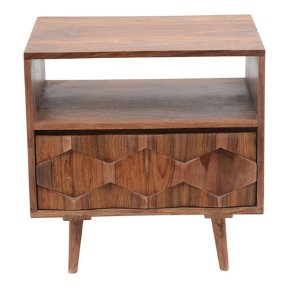Brown Wooden Nightstand – Solid Sheesham Bedside Table with Drawer