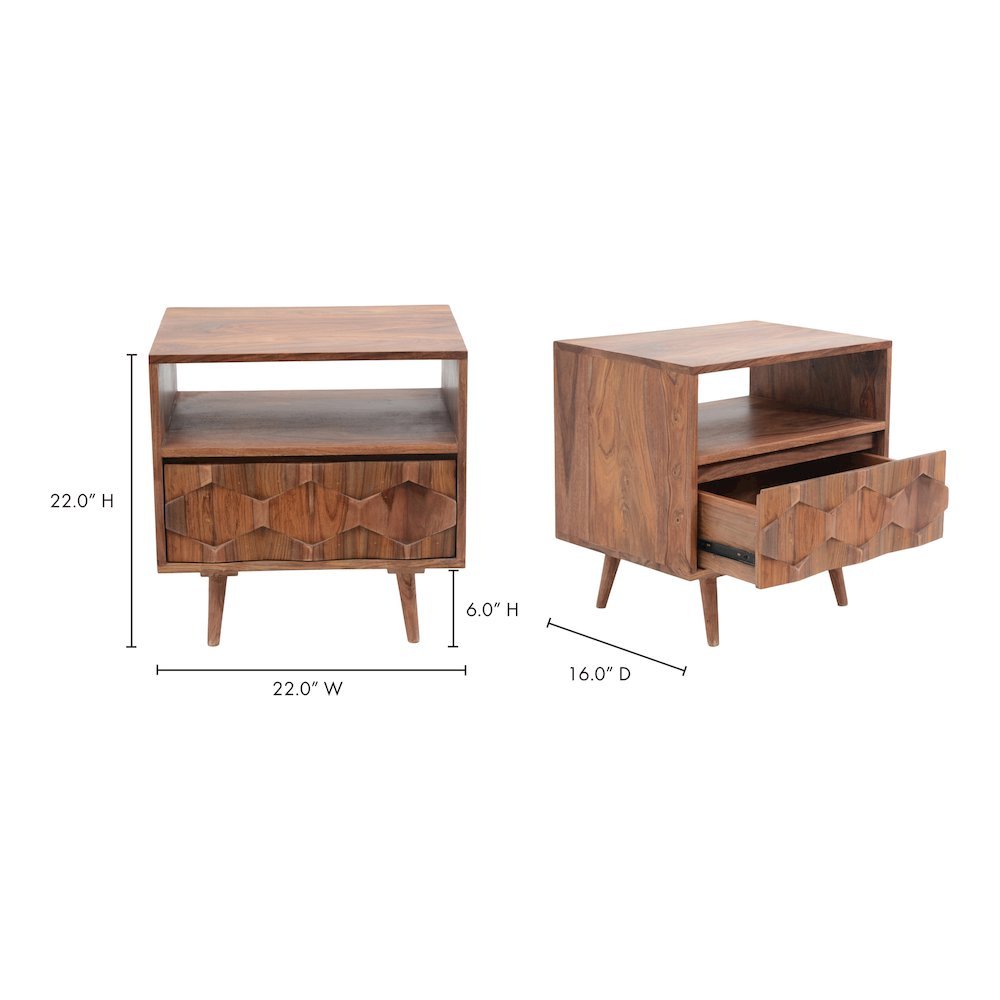Brown Wooden Nightstand – Solid Sheesham Bedside Table with Drawer