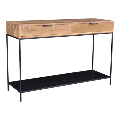 Solid Teak Wood Console Table, Iron Frame Entryway Furniture with 2 Drawers