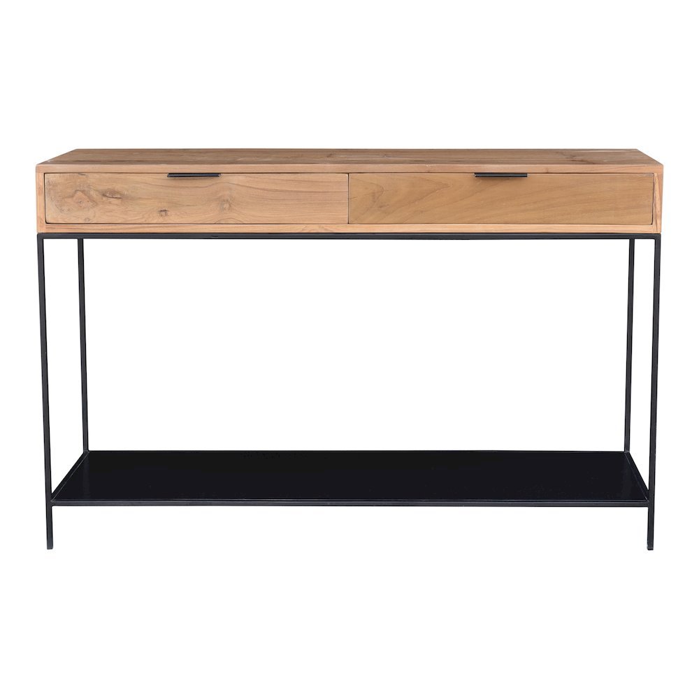 Solid Teak Wood Console Table, Iron Frame Entryway Furniture with 2 Drawers