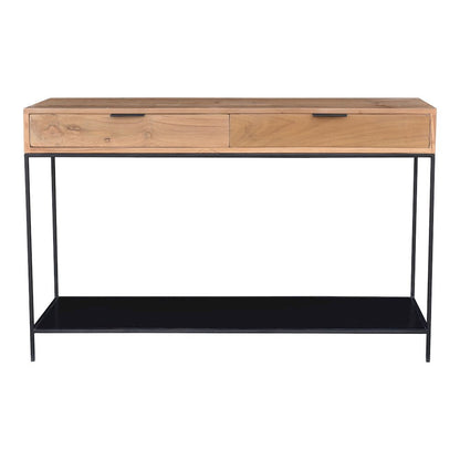 Solid Teak Wood Console Table, Iron Frame Entryway Furniture with 2 Drawers