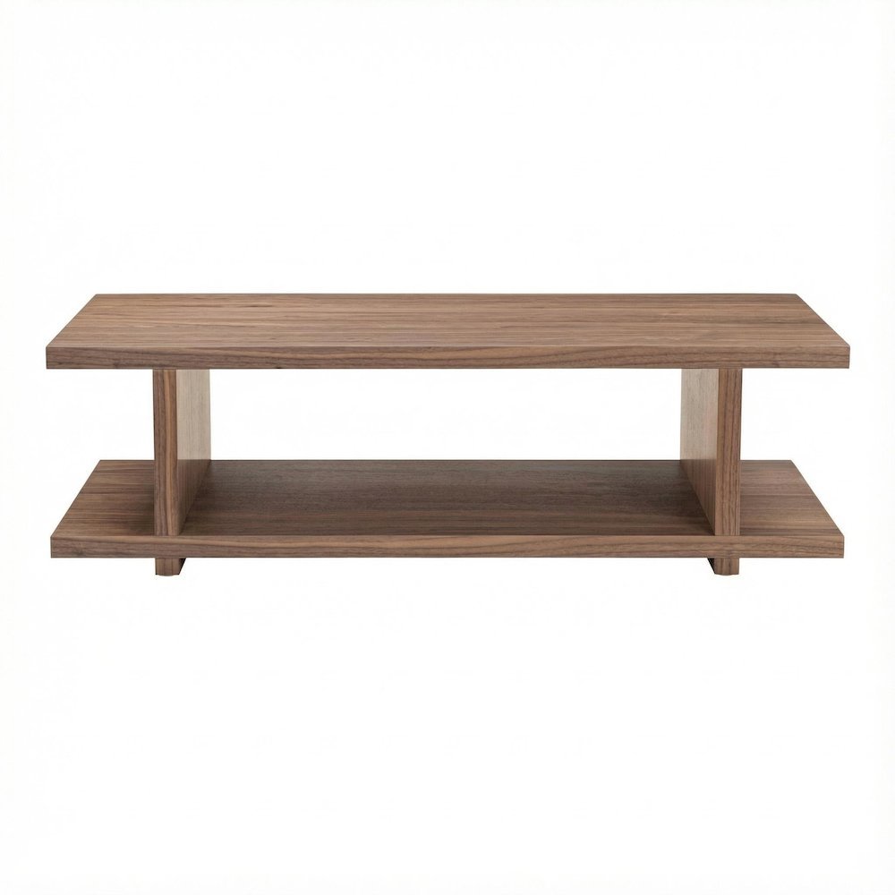 Brown Walnut Veneer Coffee Table with Matte MDF Frame and Open Storage