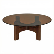 Brown Coffee Table with Amber Tempered Glass Top and Rubber Wood Legs
