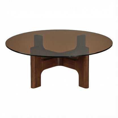Brown Coffee Table with Amber Tempered Glass Top and Rubber Wood Legs