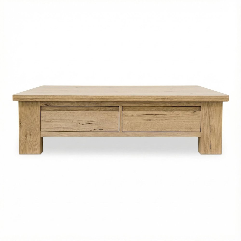 Brown Rustic Oak Coffee Table with Solid Wood Slider and Durable Veneer Surface