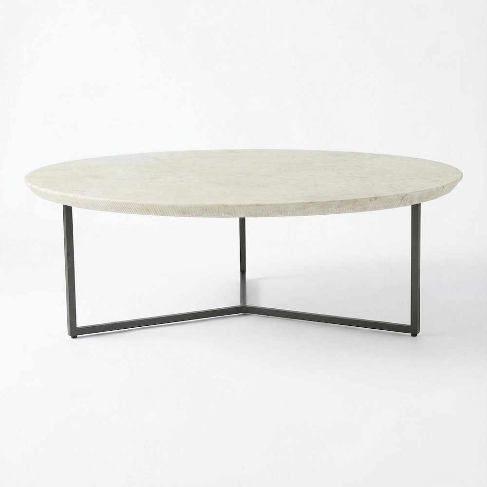 White Ombare Marble Top Coffee Table with Iron Frame Contemporary Design
