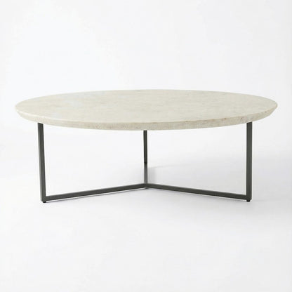 White Ombare Marble Top Coffee Table with Iron Frame Contemporary Design