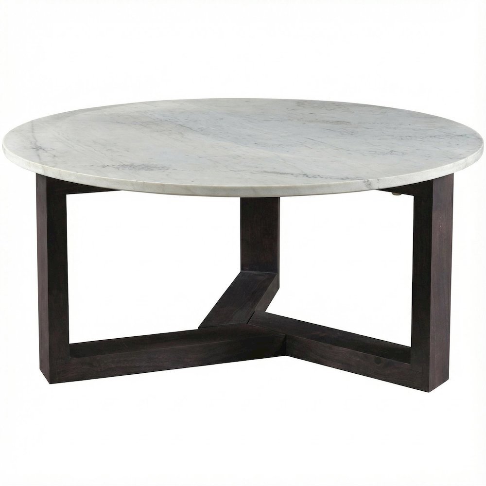 Gray Marble Coffee Table with Solid Acacia Base and Scandinavian Wood Legs