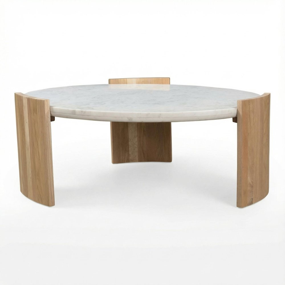 White Marble Coffee Table with Solid Oak Legs and Art Deco Style