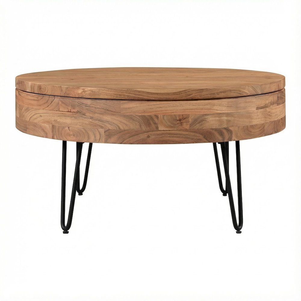 Brown Solid Acacia Coffee Table with Lift-Top Storage and Iron Legs