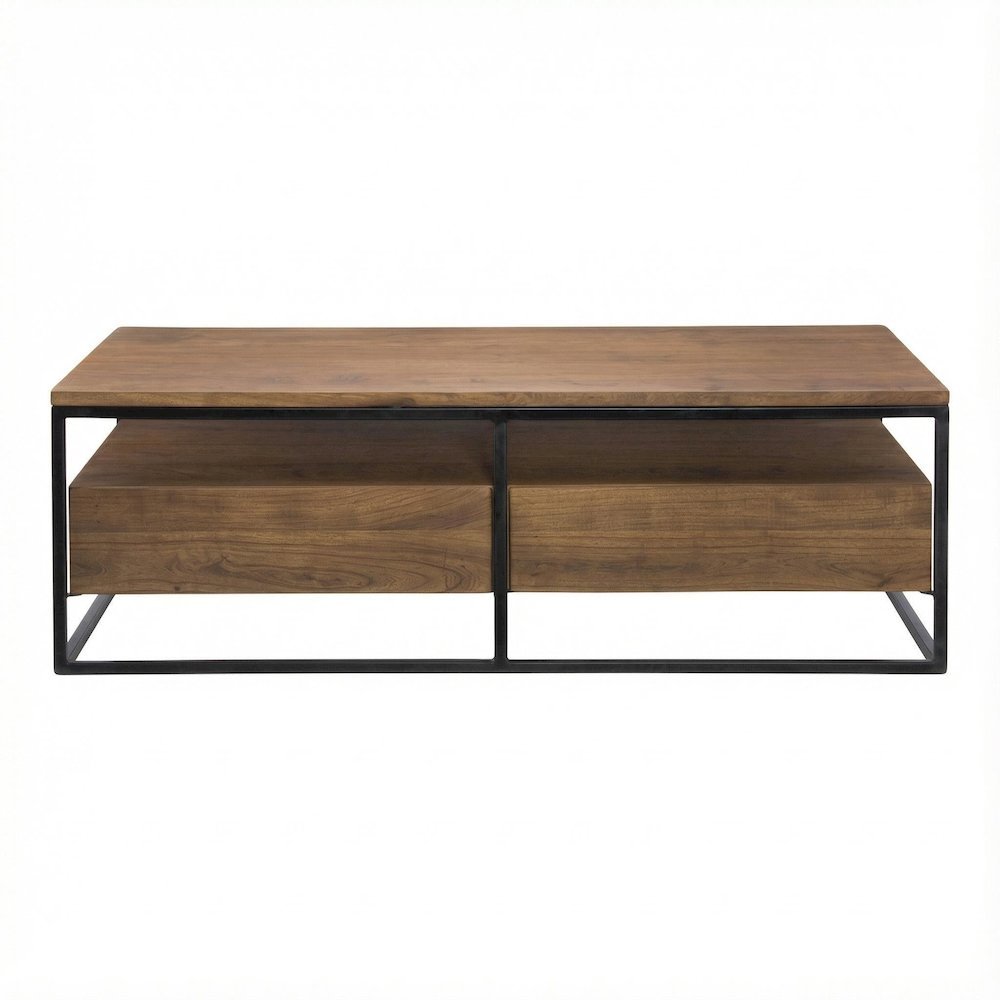 Brown Solid Acacia Coffee Table with Metal Frame and 2 Drawers Storage