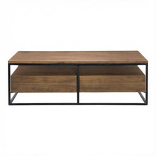 Brown Solid Acacia Coffee Table with Metal Frame and 2 Drawers Storage
