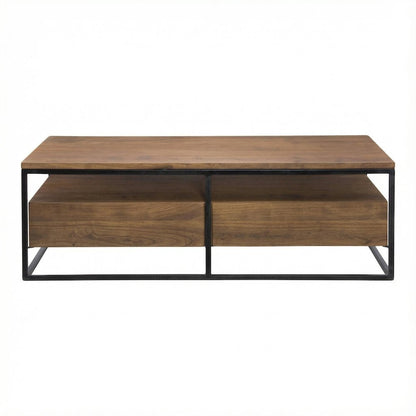 Brown Solid Acacia Coffee Table with Metal Frame and 2 Drawers Storage