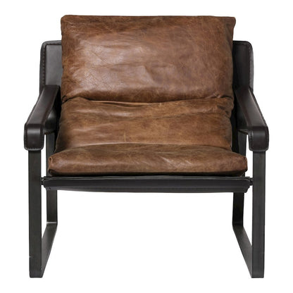 Mid Century Rustic Armchair Brown Leather with Black Iron Frame