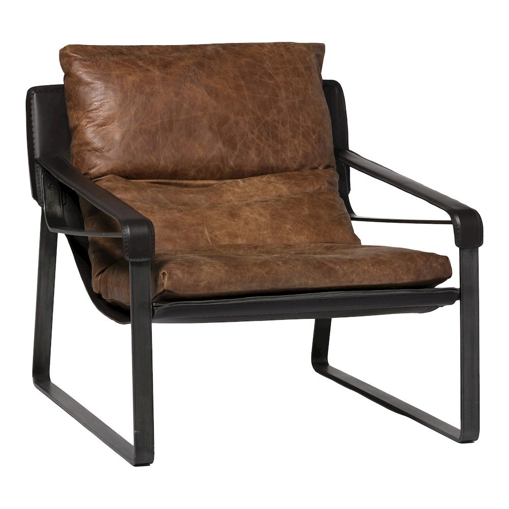 Mid Century Rustic Armchair Brown Leather with Black Iron Frame
