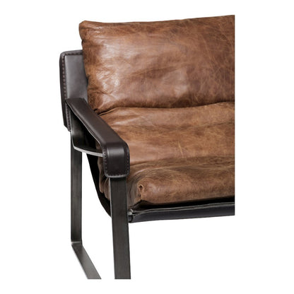 Mid Century Rustic Armchair Brown Leather with Black Iron Frame