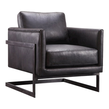 Modern Armchair with Black Leather Seat and Sturdy Metal Frame