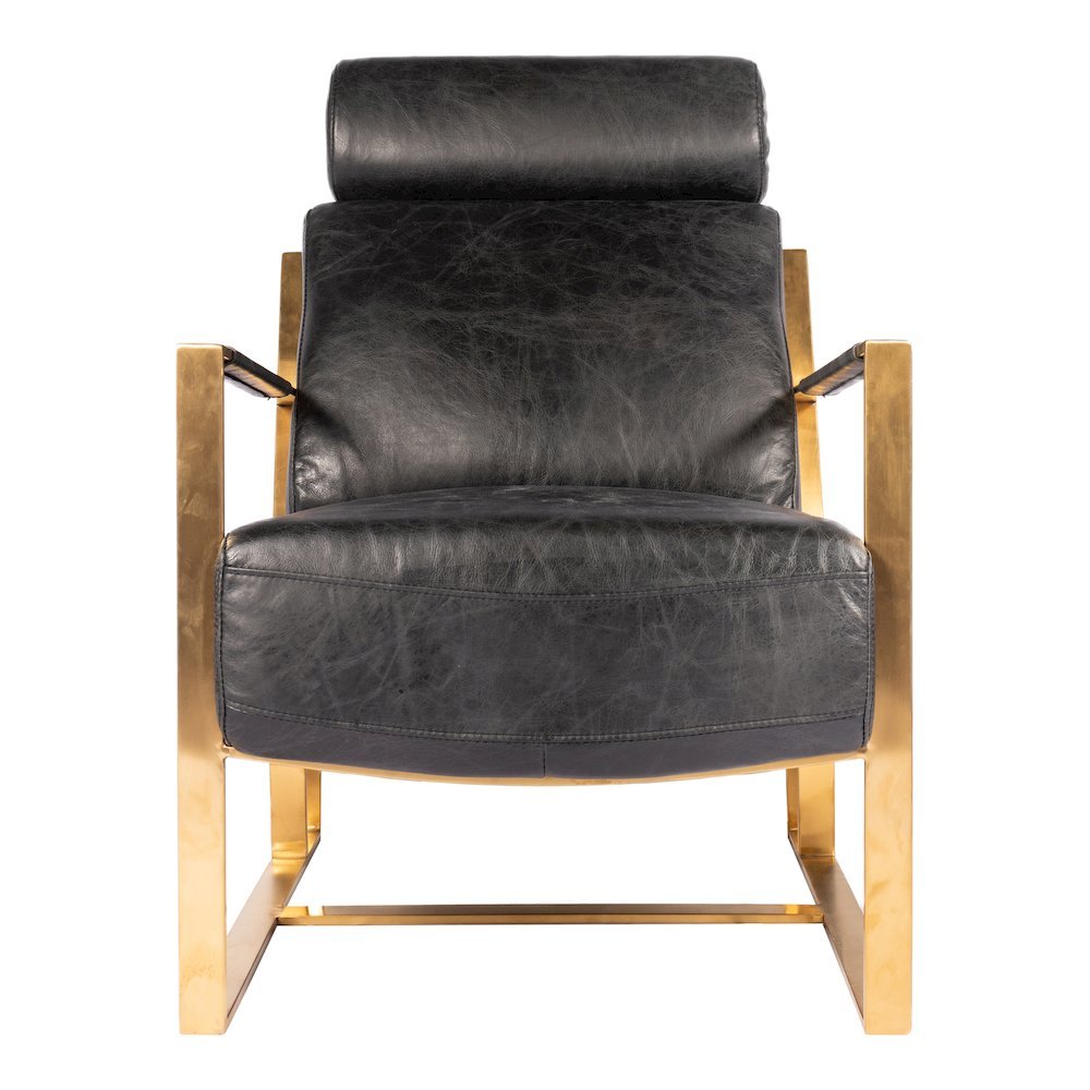 Mid Century Modern Rustic Armchair with Black Leather Seat and Gold Frame