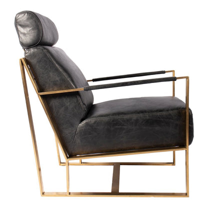 Mid Century Modern Rustic Armchair with Black Leather Seat and Gold Frame