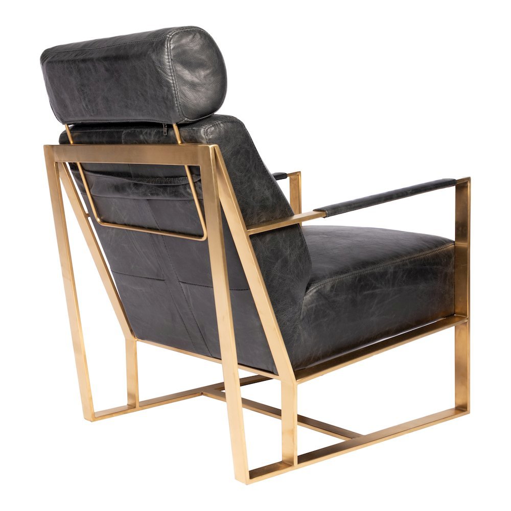 Mid Century Modern Rustic Armchair with Black Leather Seat and Gold Frame