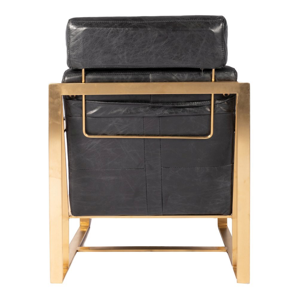 Mid Century Modern Rustic Armchair with Black Leather Seat and Gold Frame