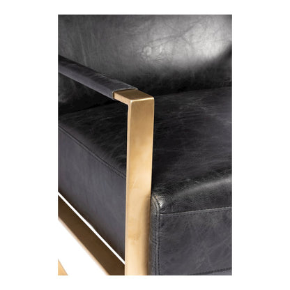 Mid Century Modern Rustic Armchair with Black Leather Seat and Gold Frame