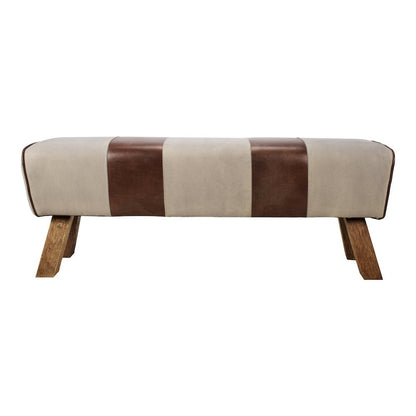 Brown Leather Bench, Elegant Entryway Bench with Wooden Legs