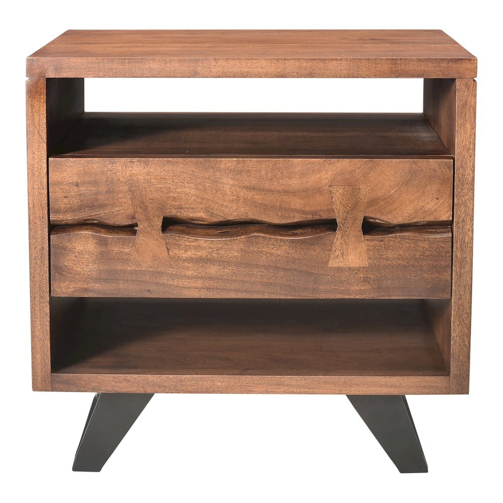 Brown Wood Nightstand – Unique Natural Bedside Table with Drawer and Steel Legs