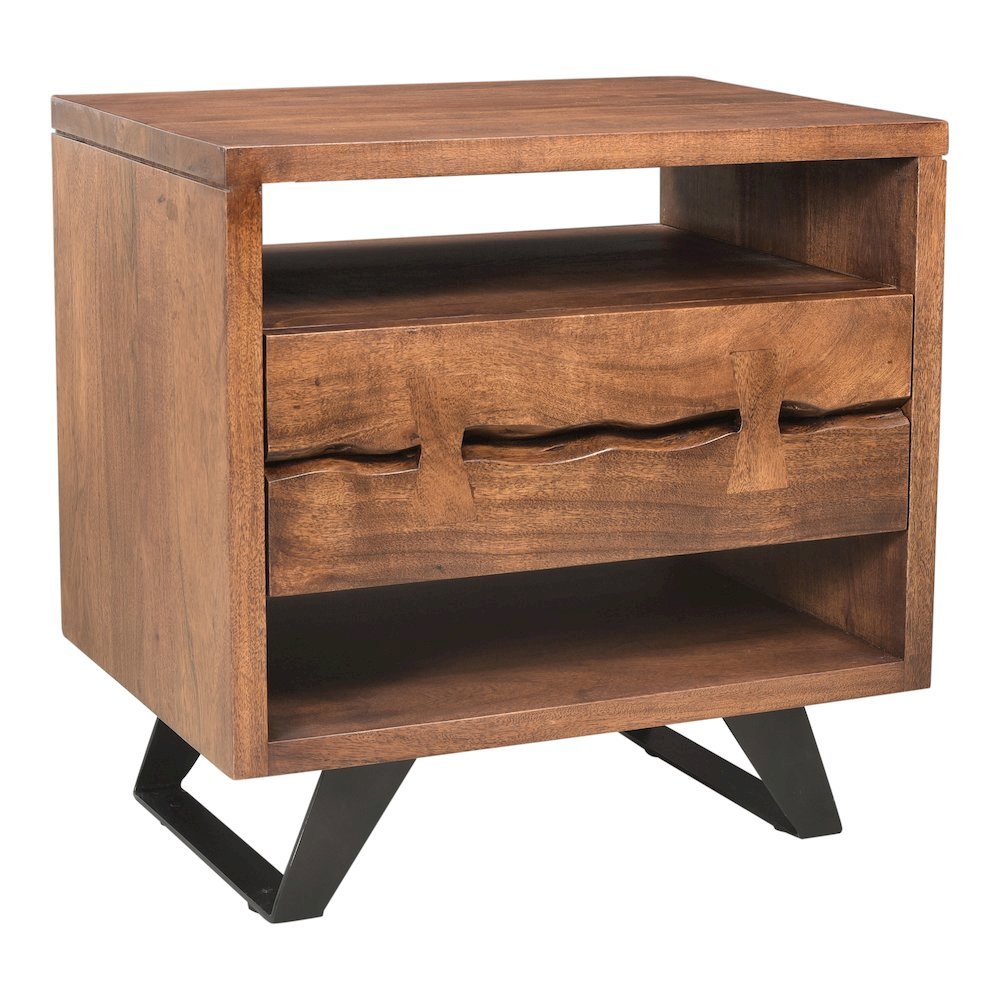 Brown Wood Nightstand – Unique Natural Bedside Table with Drawer and Steel Legs
