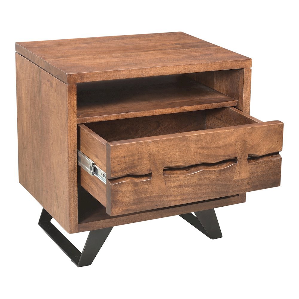 Brown Wood Nightstand – Unique Natural Bedside Table with Drawer and Steel Legs