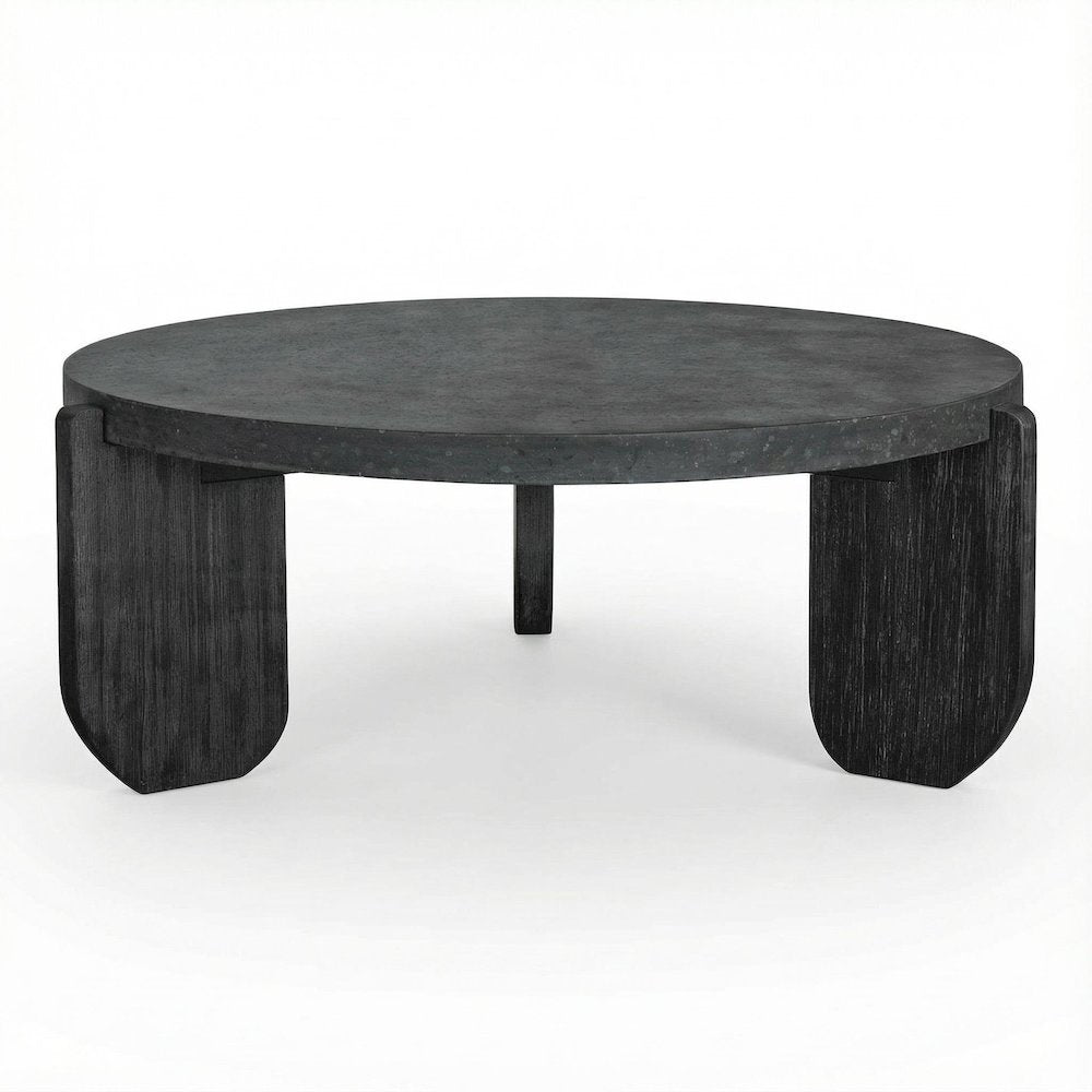 Black Concrete Top Coffee Table with Acacia Legs and Terrazzo Surface