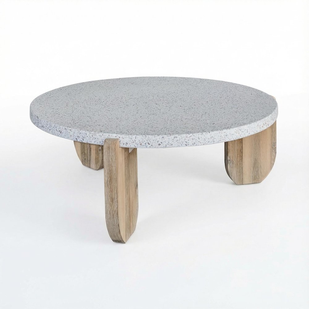 White Terrazzo Coffee Table with Cement Mixed Stone Top and Stain Resistance