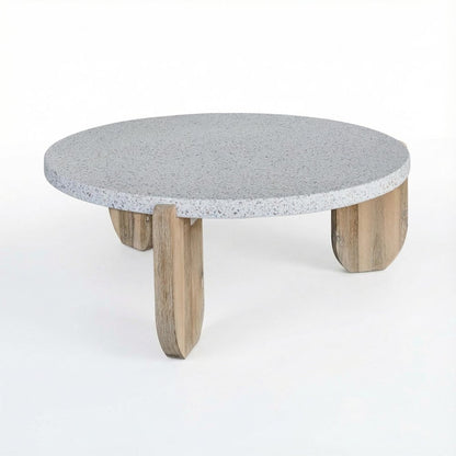 White Terrazzo Coffee Table with Cement Mixed Stone Top and Stain Resistance