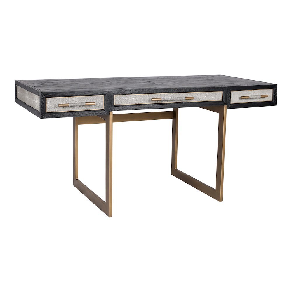 Modern Home Office Desk – Solid Black Oak Frame, 3 Drawers, Brass Gold Accents