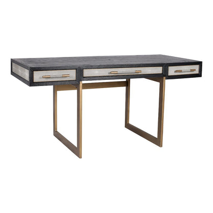 Modern Home Office Desk – Solid Black Oak Frame, 3 Drawers, Brass Gold Accents