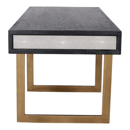 Modern Home Office Desk – Solid Black Oak Frame, 3 Drawers, Brass Gold Accents