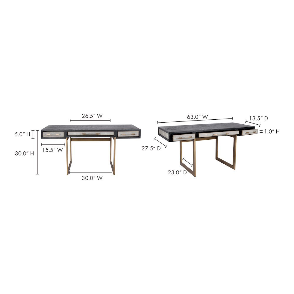 Modern Home Office Desk – Solid Black Oak Frame, 3 Drawers, Brass Gold Accents